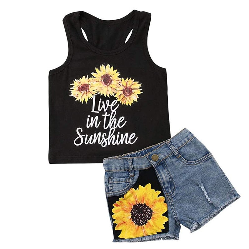 Honganda Fashion 2Pcs Toddler Kids Baby Girl Sunflower Outfits Sleeveless Tank Top+Denim Shorts Summer Clothes (3 Flowers Black, 4T / 5T) - Image 1